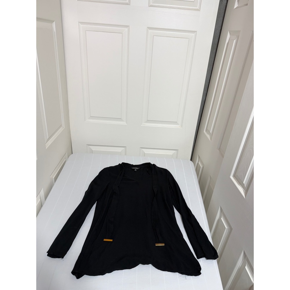 Miss Selfridge Black Tie Neck Blouse Long Sleeve Gold Bar Detail US 4